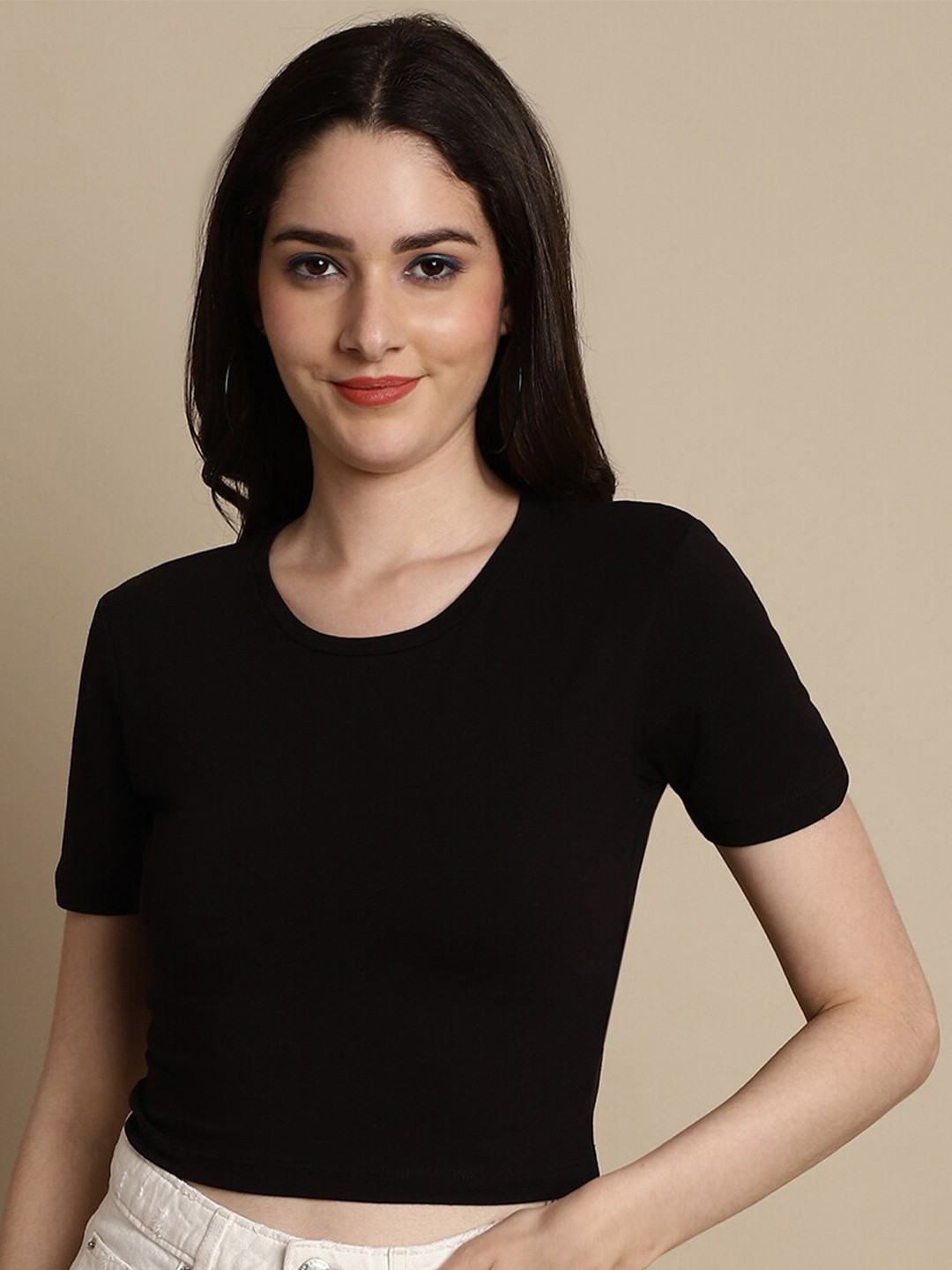 

NoBarr Round Neck Short Sleeves Cotton Top, Black