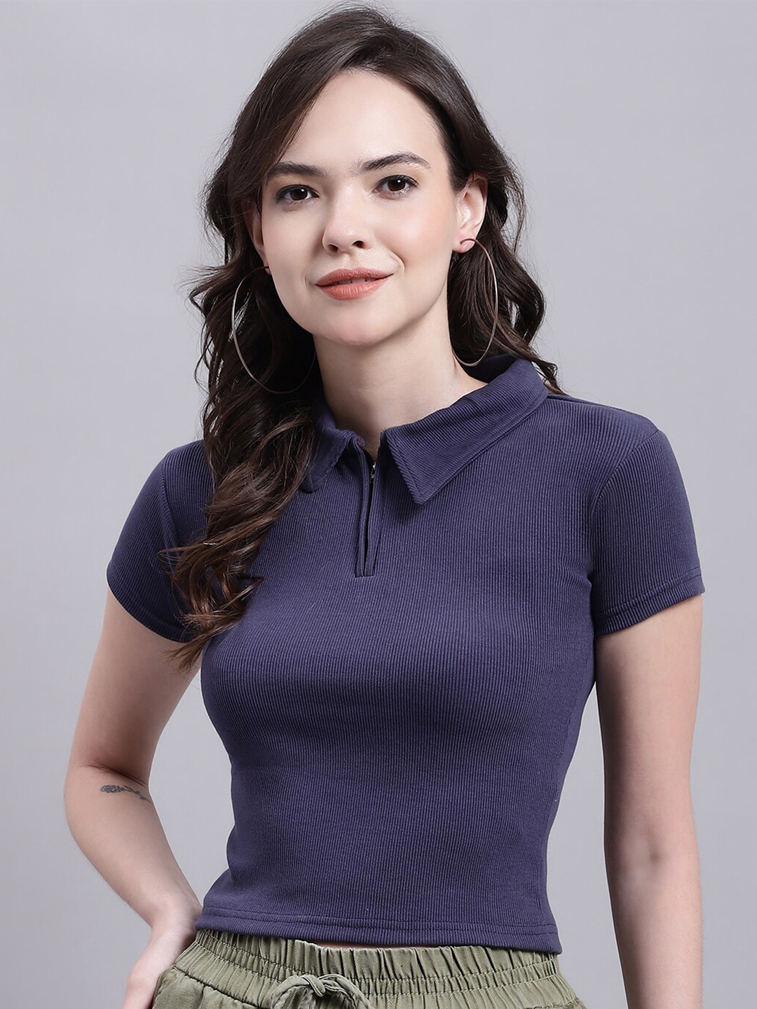 

NoBarr Shirt Collar Short Sleeves Cotton Top, Blue