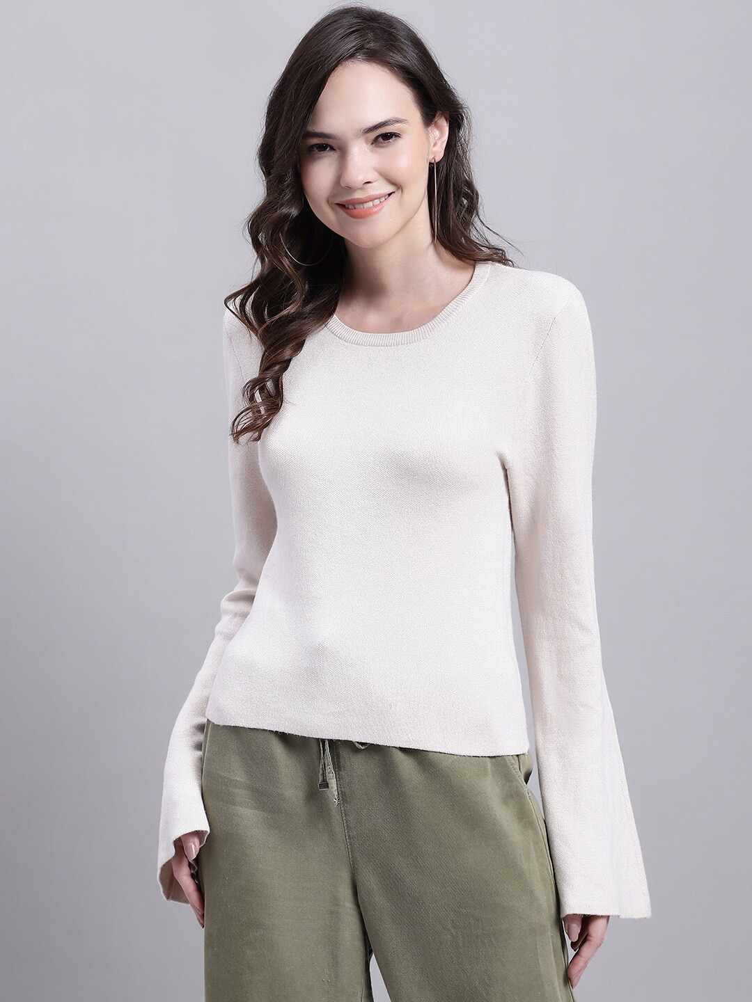 

NoBarr Round Neck Long Bell Sleeve Top, Beige