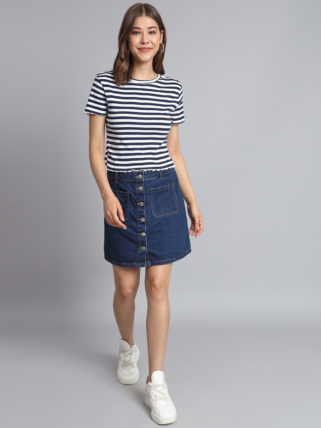 

NoBarr Round Neck Short Sleeves Raw Edges Viscose Rayon Striped Top, Blue
