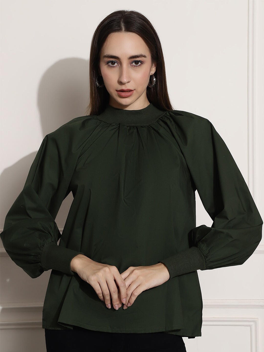 

NoBarr Mock Neck Long Cuffed Sleeves Cotton Top, Green