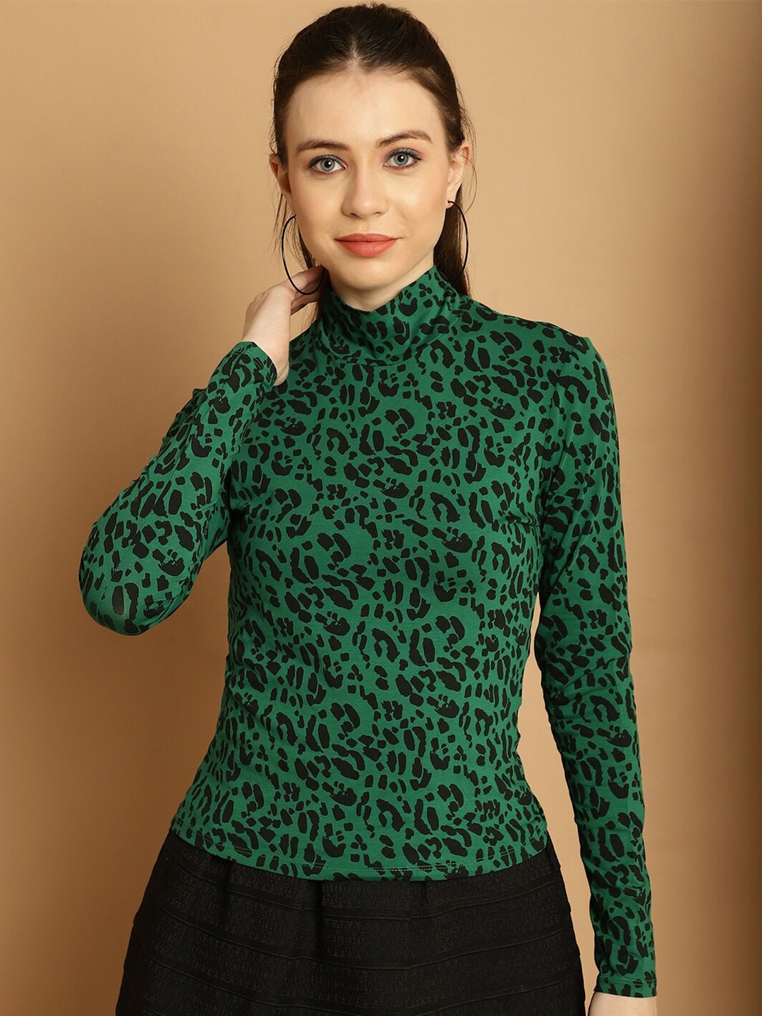 

NoBarr High Neck Long Sleeves Animal Print Top, Green