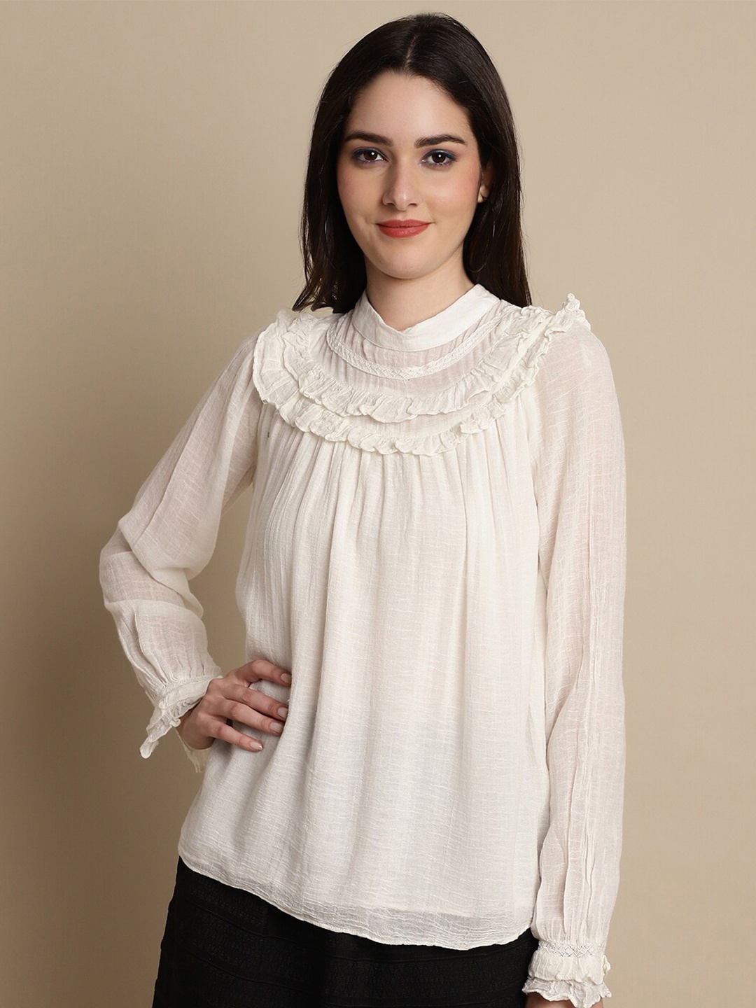 

NoBarr High Neck Long Bell Sleeves Cotton Top, White