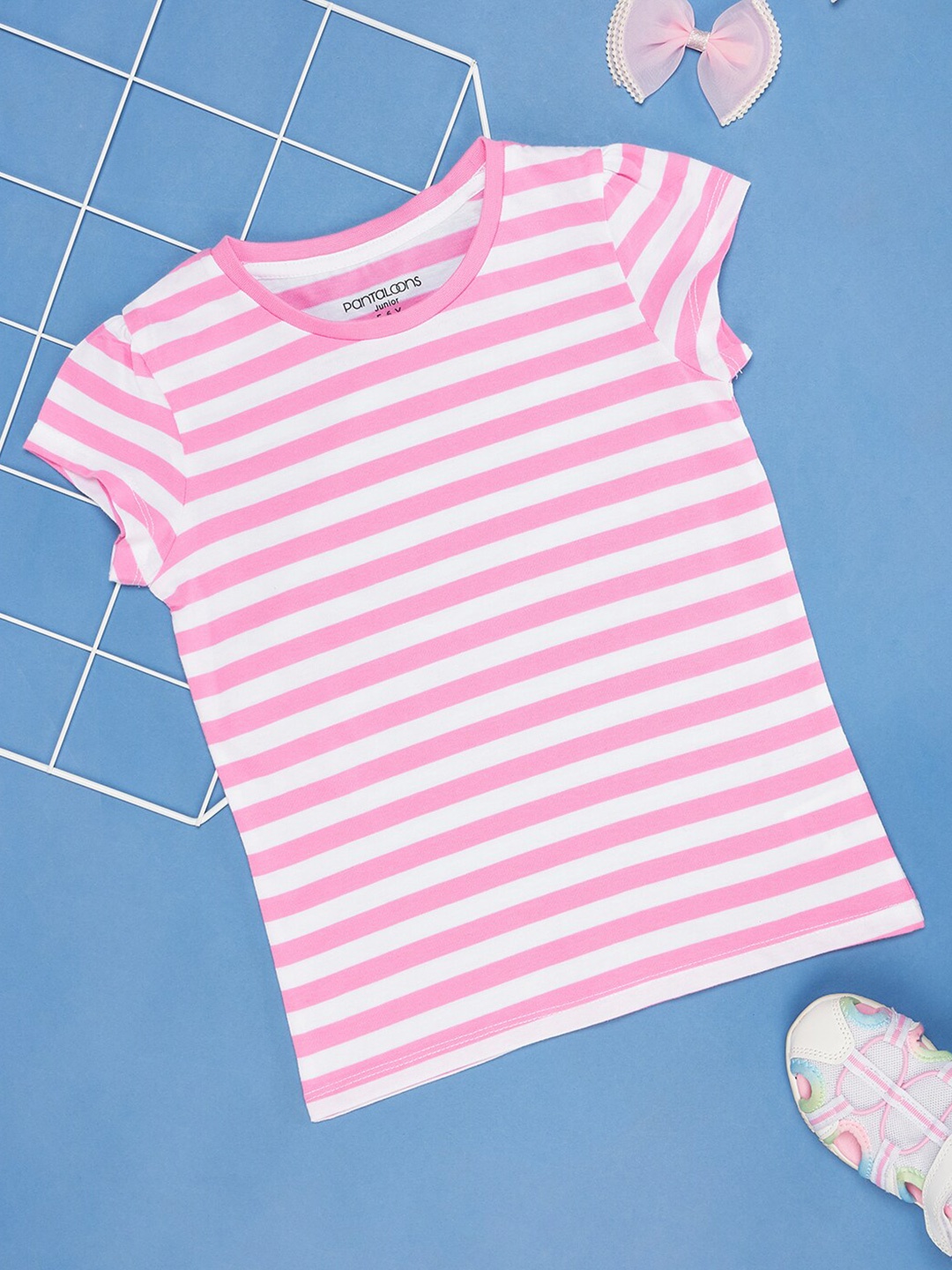 

Pantaloons Junior Girls Striped Round Neck Short Sleeves Cotton T-shirt, Pink