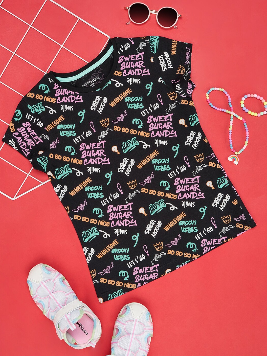 

Pantaloons Junior Girls Typography Printed Round Neck Cotton T-shirt, Black