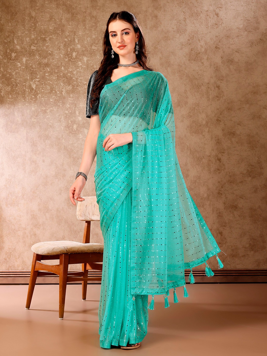 

KALINI Embellished Beads and Stones Saree, Green