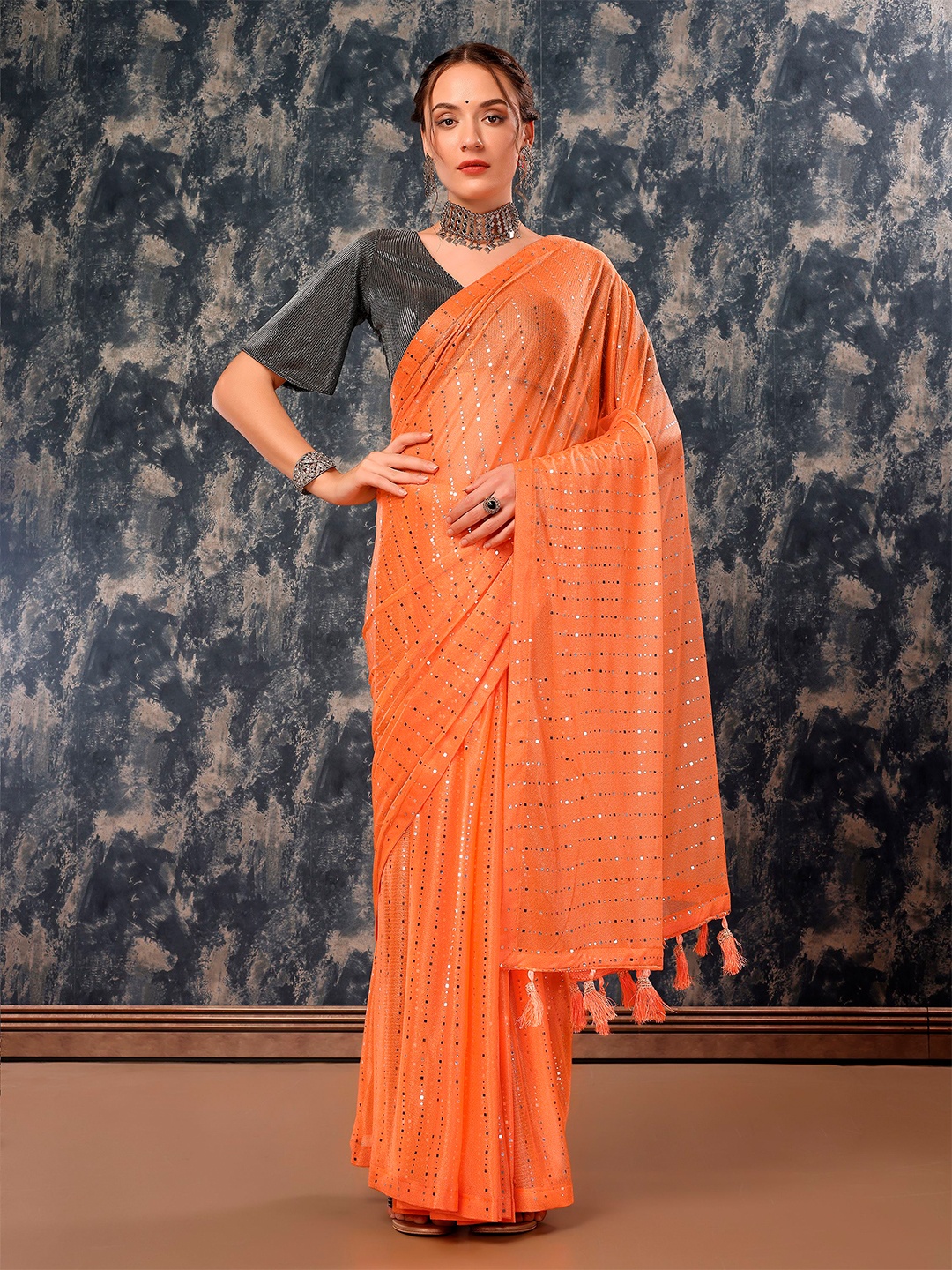 KALINI Embellished Beads and Stones Saree, Orange