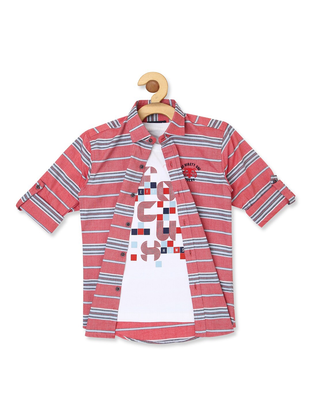 

CAVIO Boys Standard Vertical Stripes Cotton Casual Shirt With T-Shirt, Red