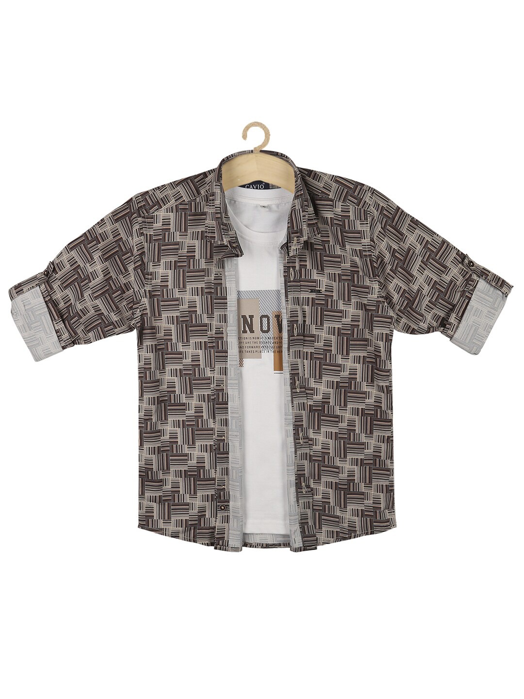 

CAVIO Boys Standard Geometric Printed Pure Cotton Casual Shirt and T-Shirt, Brown