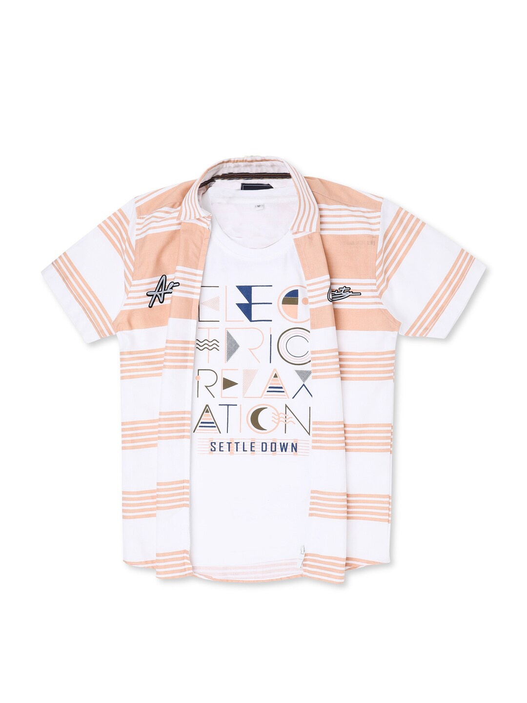 

CAVIO Boys Standard Fit Striped Casual Pure Cotton Shirt With T-shirt, Peach