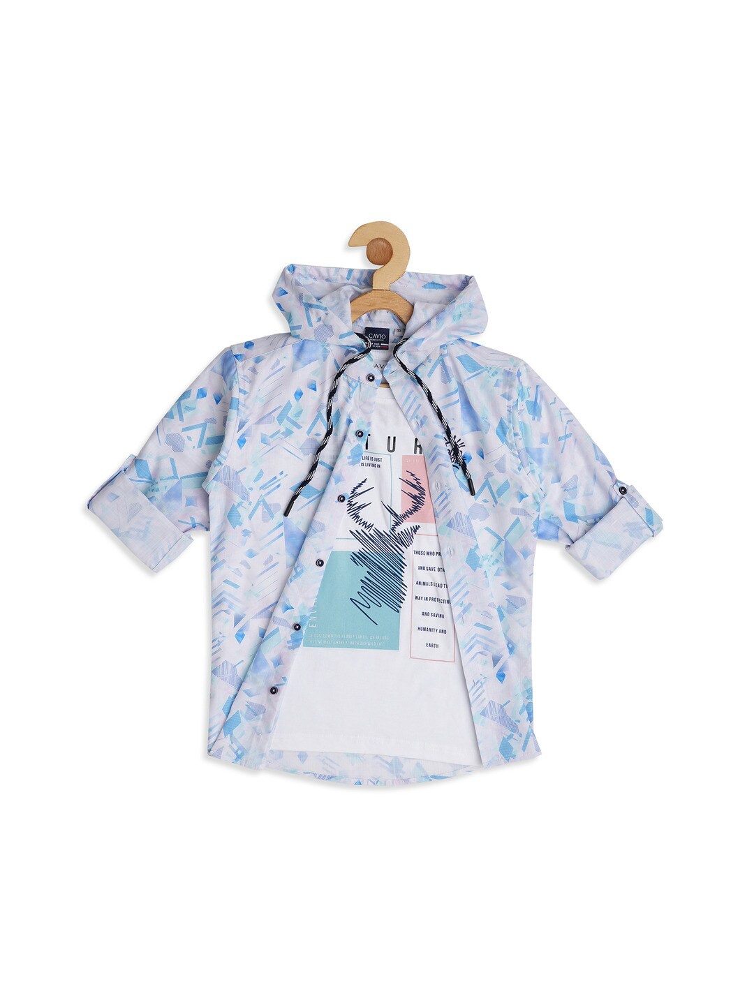 

CAVIO Boys Standard Hooded Abstract Printed Casual Shirt With T-Shirt, Blue