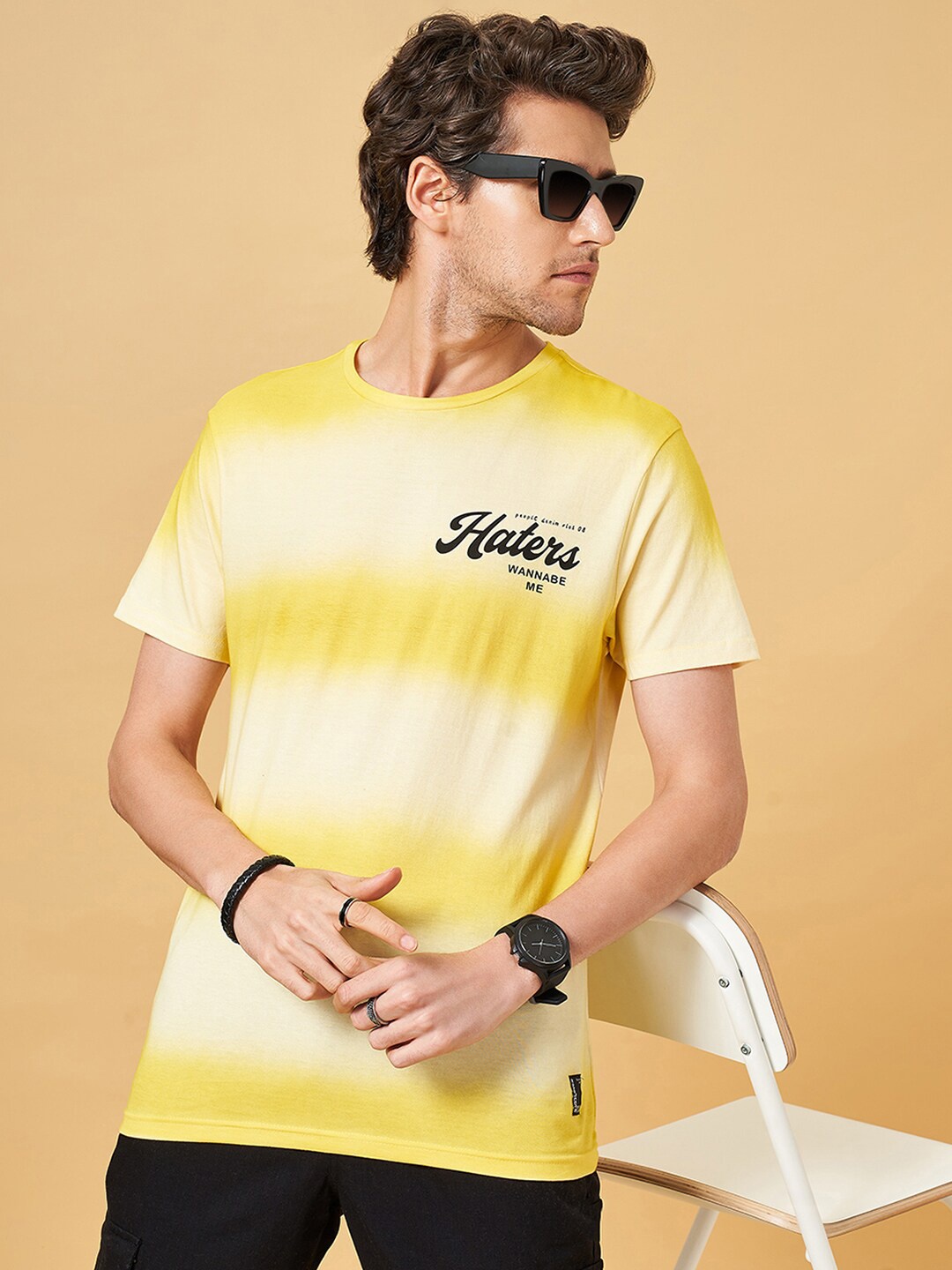

People Colourblocked Round Neck Short Sleeves Cotton T-shirt, Yellow
