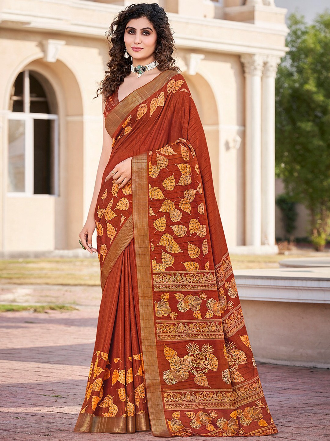 

SANSKAR Floral Zari Silk Cotton Saree, Rust