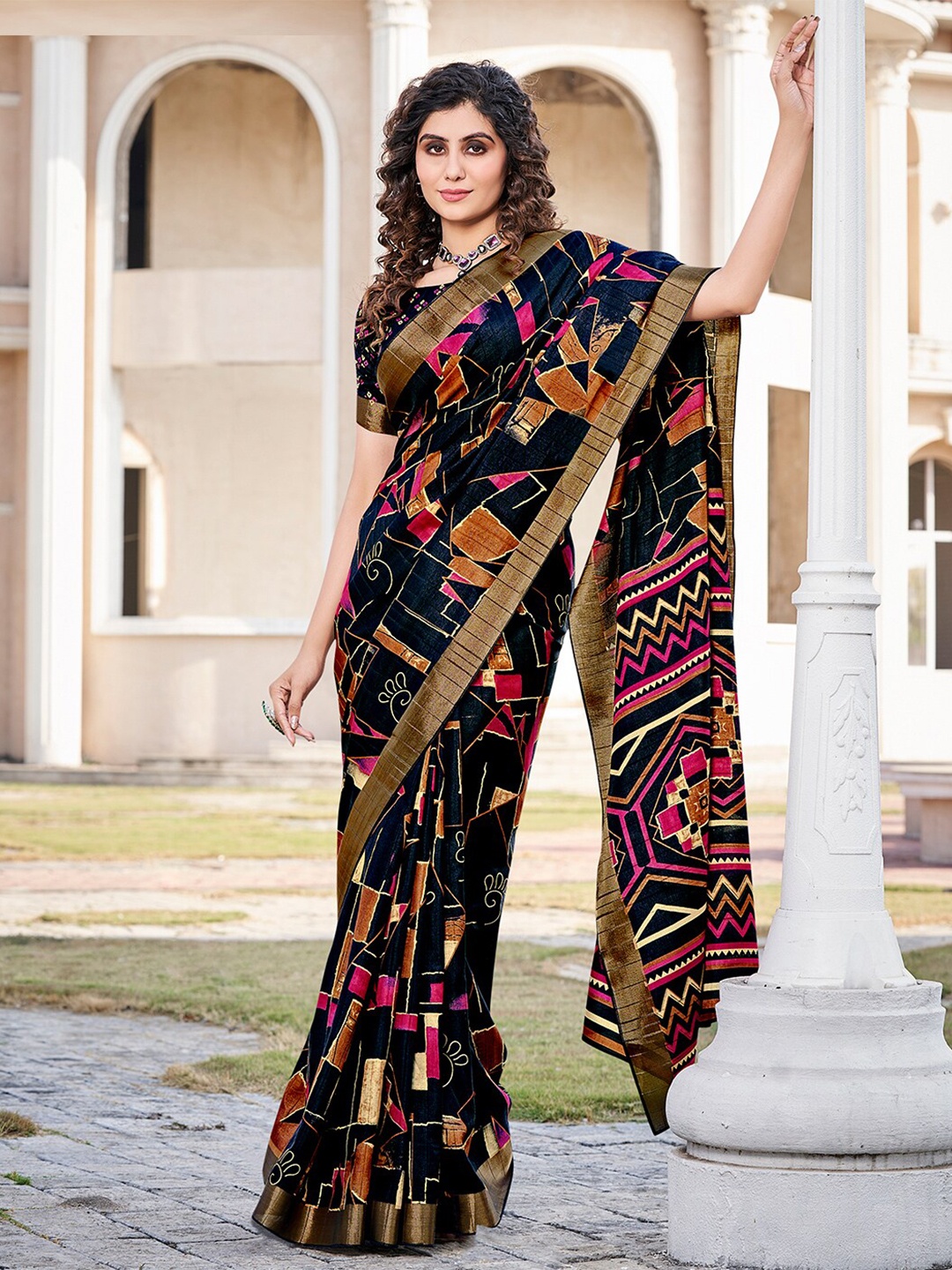 

SANSKAR Abstract Printed Zari Silk Saree, Navy blue