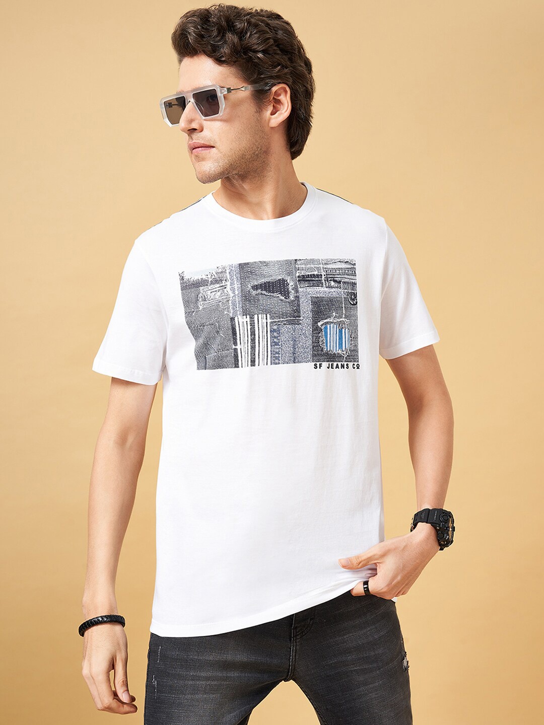 

SF JEANS by Pantaloons Abstract Printed Pure Cotton Slim Fit T-shirt, White