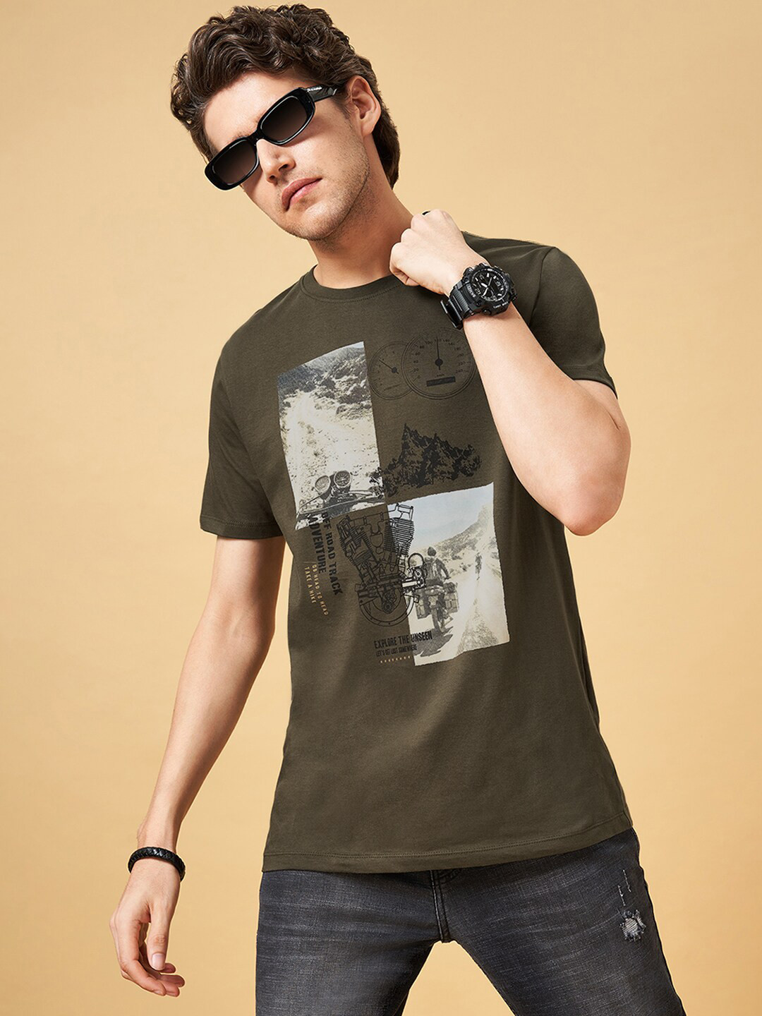 

SF JEANS by Pantaloons Graphic Printed Slim Fit Pure Cotton T-shirt, Green