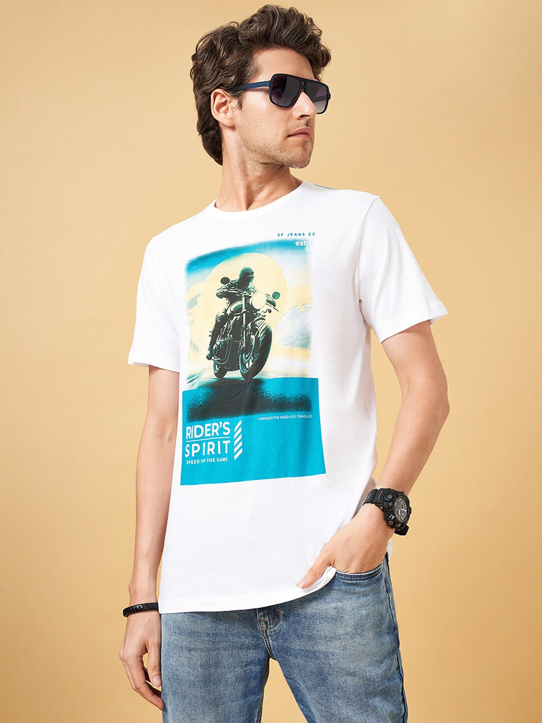 

SF JEANS by Pantaloons Graphic Printed Pure Cotton Slim Fit T-shirt, White