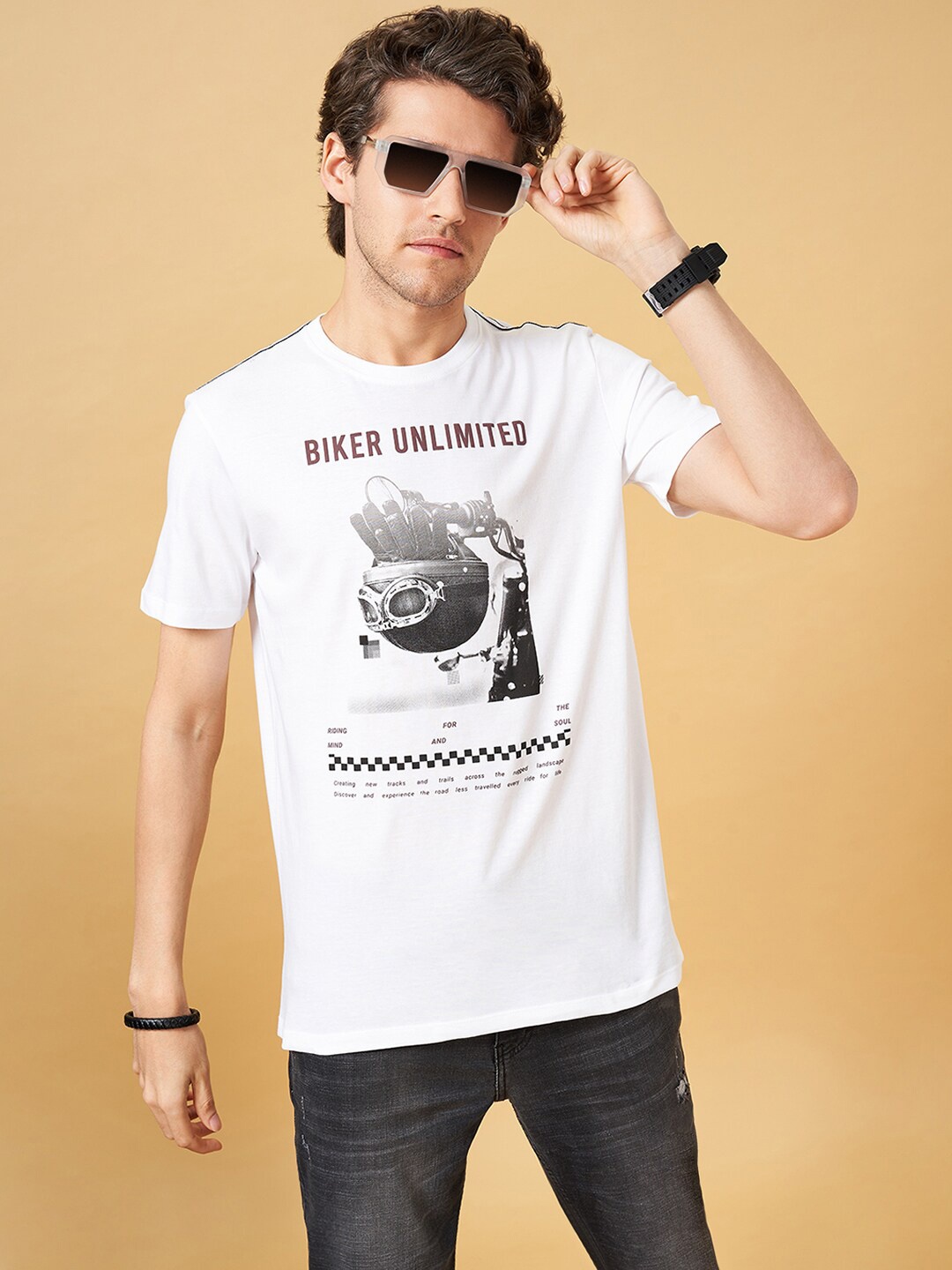 

SF JEANS by Pantaloons Typography Printed Slim Fit Pure Cotton T-shirt, White