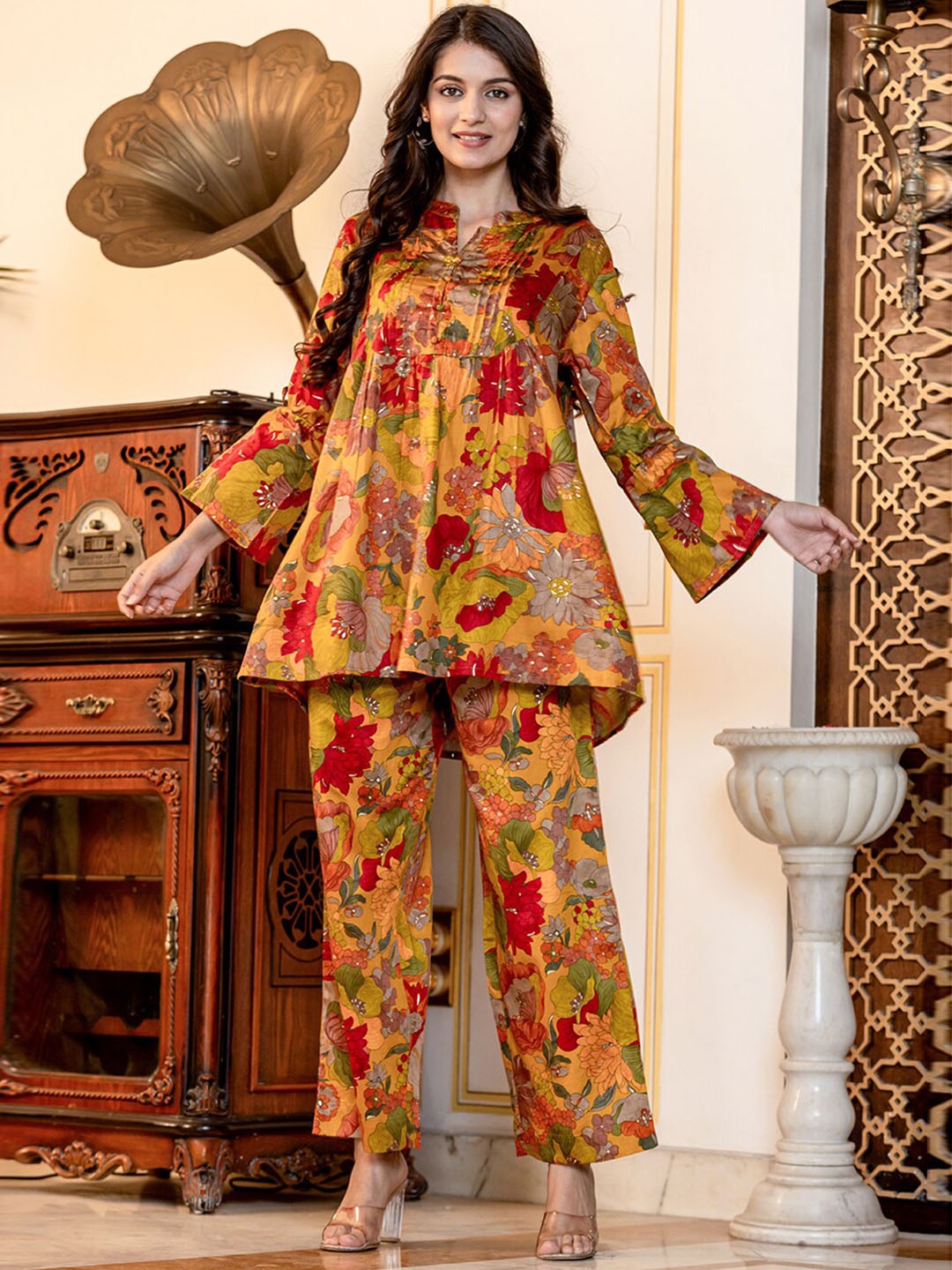 

KAAJH Printed Mandarin Collar Pure Cotton Top & Trousers, Yellow