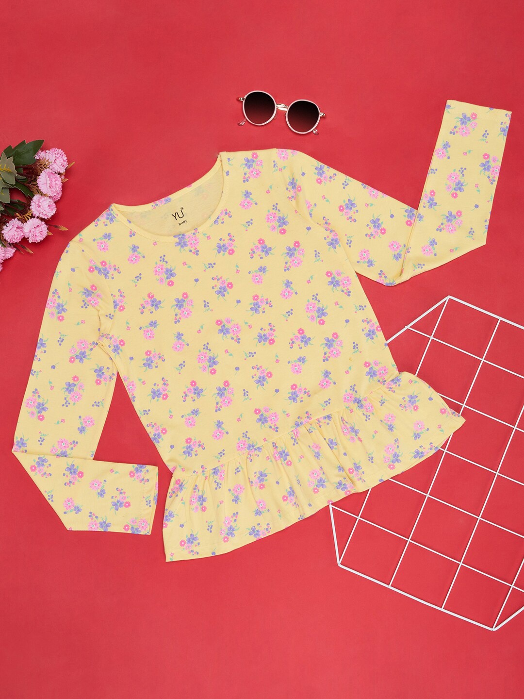 

YU by Pantaloons Girls Floral Printed Round Neck Long Sleeves Regular Fit T-shirt, Yellow
