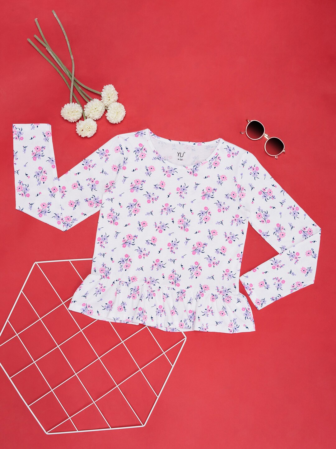

YU by Pantaloons Girls Floral Printed Round Neck Longline Regular Fit T-shirt, White