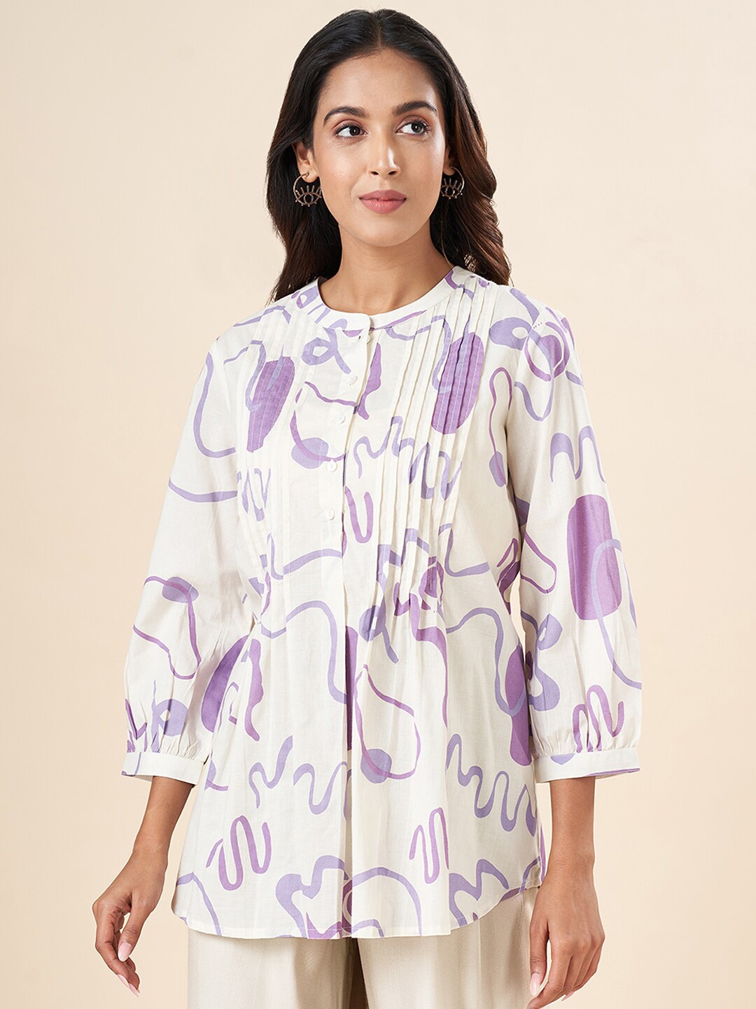 

AKKRITI BY PANTALOONS Abstract Printed Mandarin Collar Pure Cotton Tunic, White