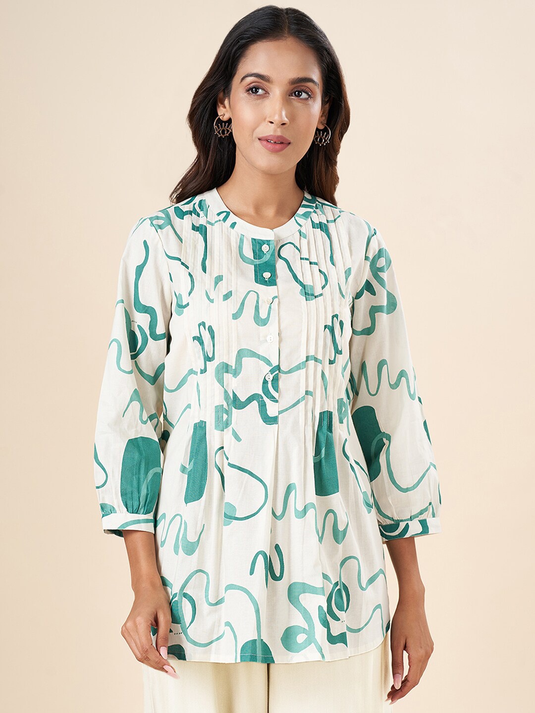 

AKKRITI BY PANTALOONS Abstract Printed Mandarin Collar Pure Cotton Tunic, White