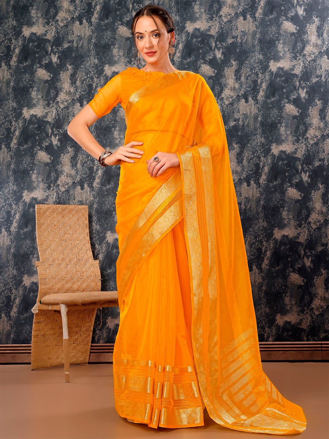 

Mitera Zari Border Organza Saree, Yellow