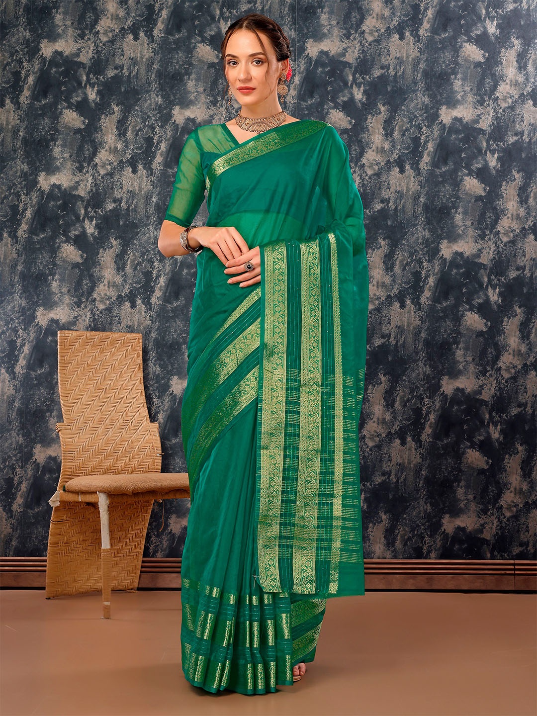 

Mitera Zari Border Organza Saree, Green