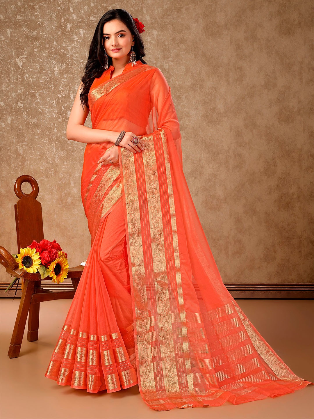 

Mitera Woven Design Zari Organza Saree, Orange