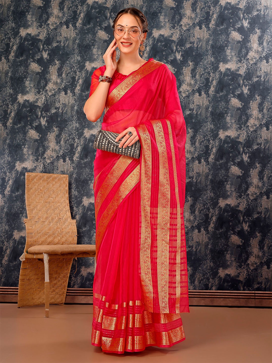 

Mitera Zari Border Organza Saree, Pink