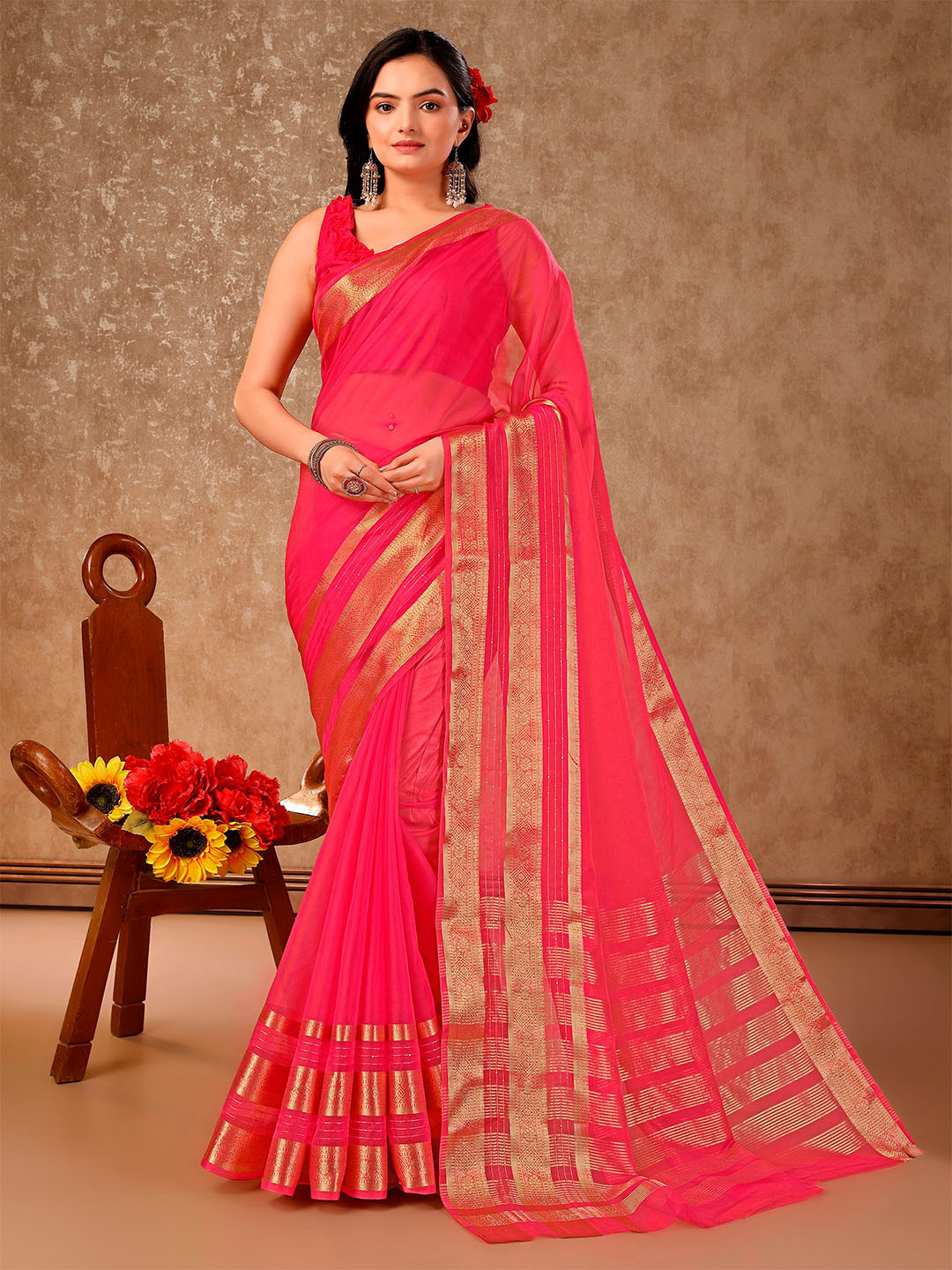 

Mitera Woven Design Zari Organza Saree, Peach