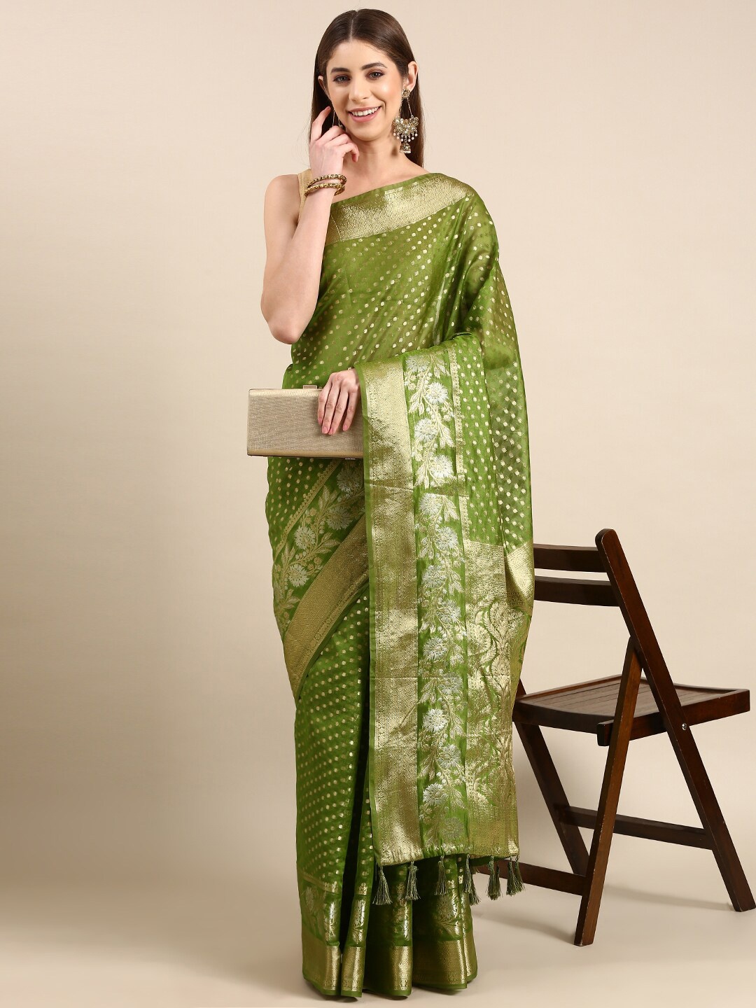 

PATLIPALLU Ethnic Motifs Woven Design Zari Tissue Banarasi Saree, Green