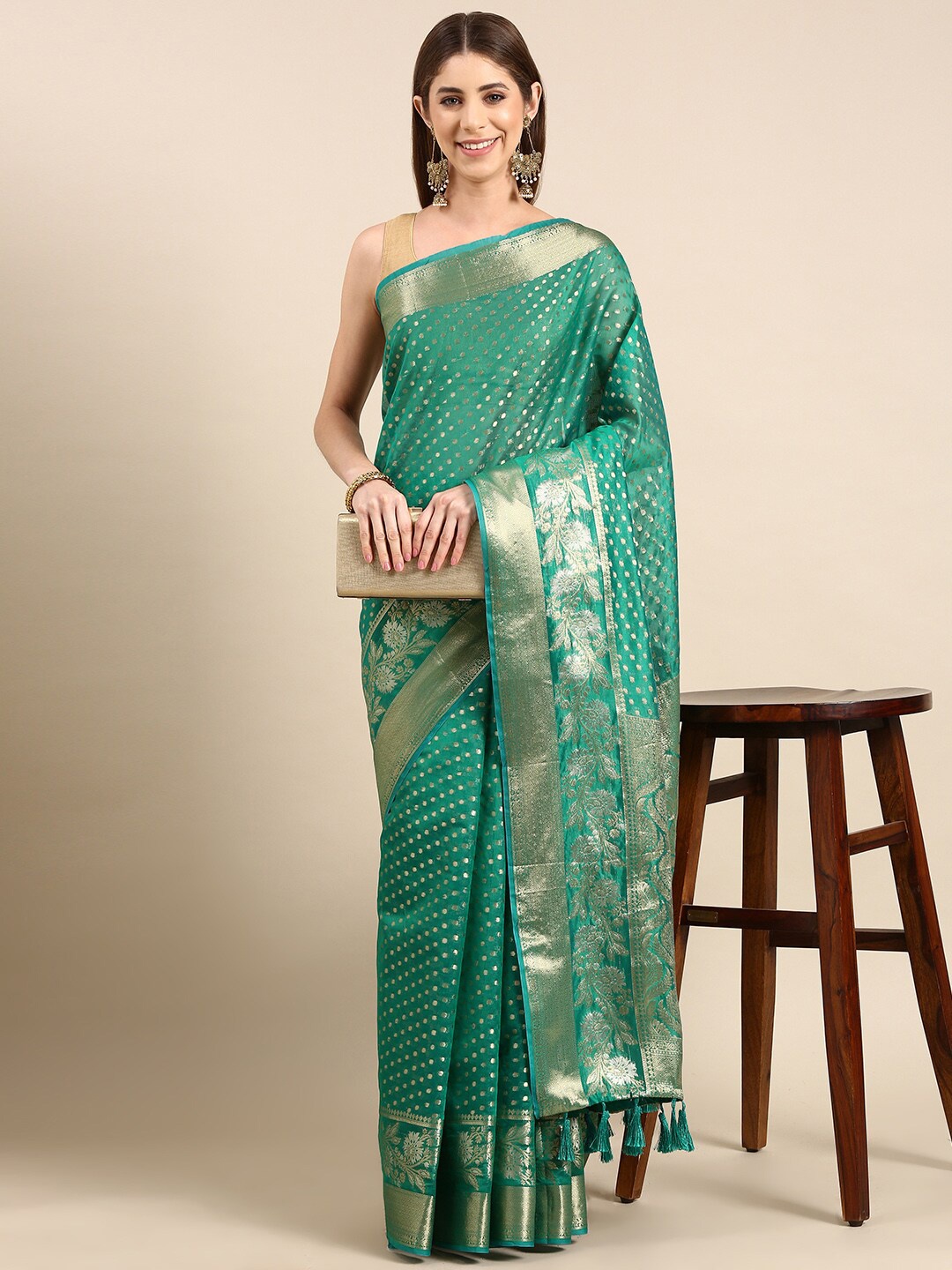 

PATLIPALLU Ethnic Motifs Woven Design Zari Tissue Banarasi Saree, Teal