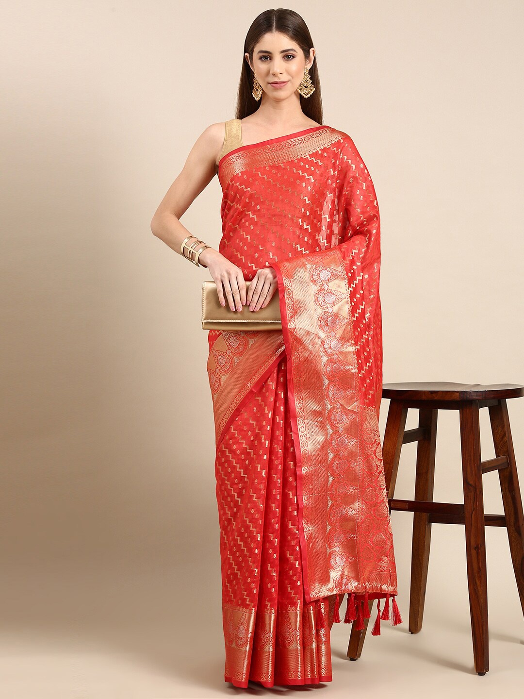 

PATLIPALLU Ethnic Motifs Woven Design Zari Tissue Banarasi Saree, Red