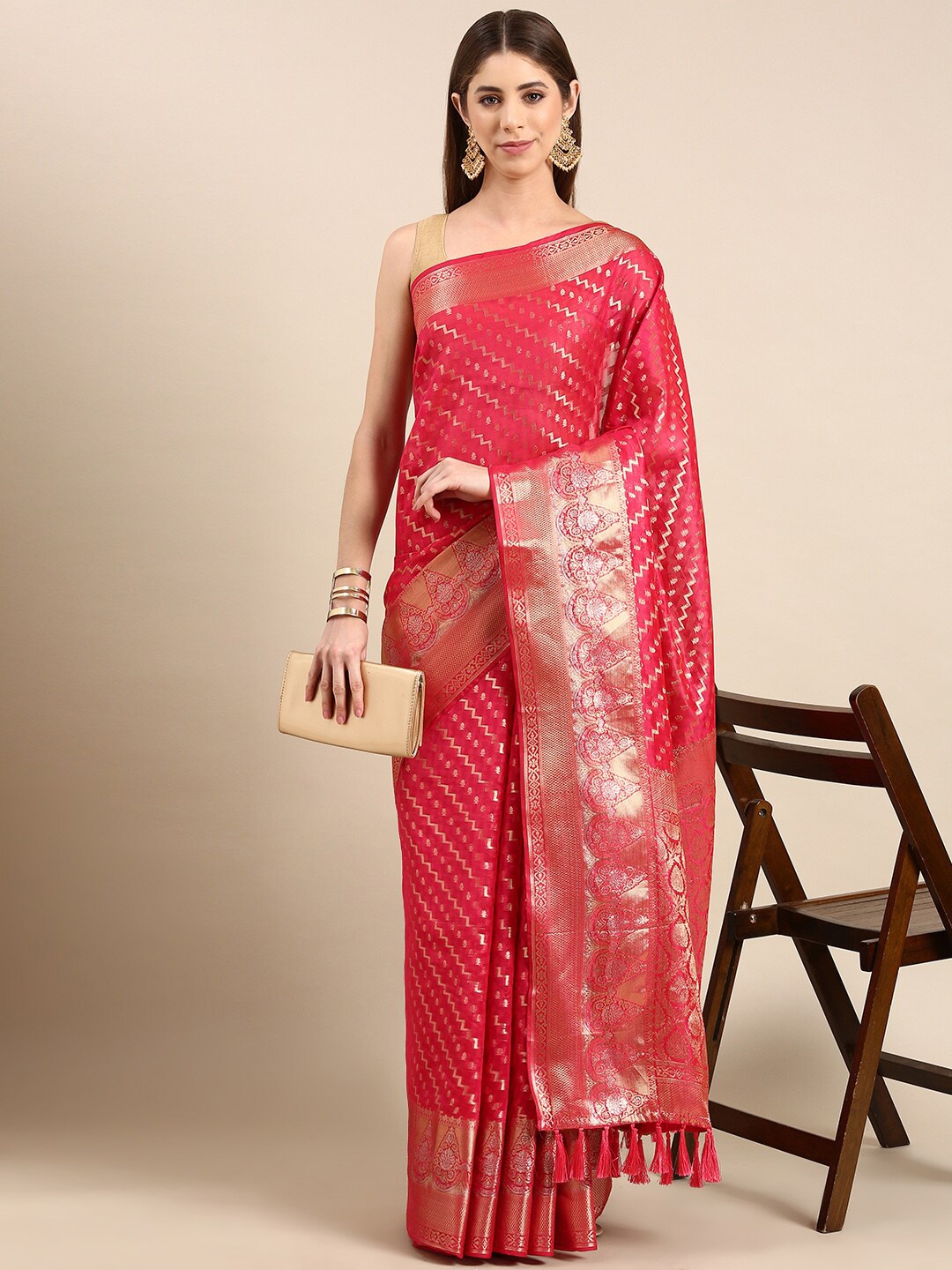 

PATLIPALLU Ethnic Motifs Woven Design Zari Tissue Banarasi Saree, Pink