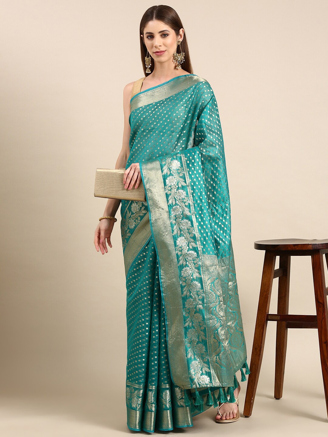 

PATLIPALLU Ethnic Motifs Woven Design Zari Tissue Banarasi Saree, Teal