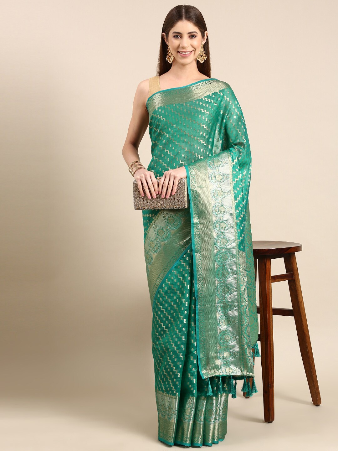 

PATLIPALLU Ethnic Motifs Woven Design Zari Tissue Banarasi Saree, Teal