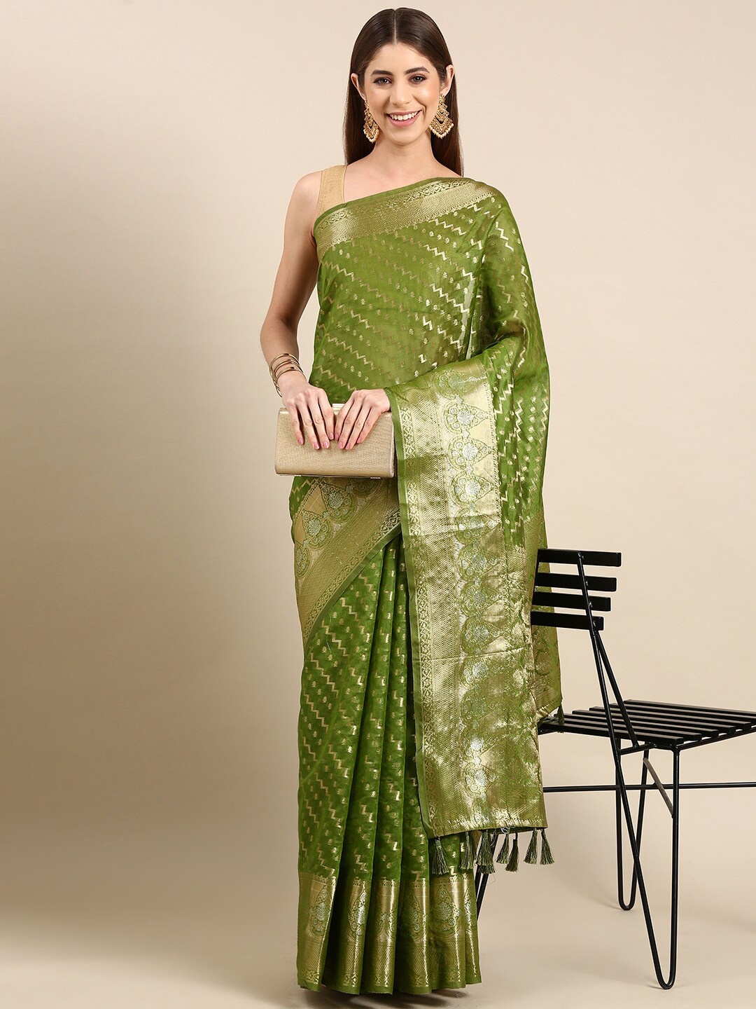 

PATLIPALLU Ethnic Motifs Woven Design Zari Tissue Banarasi Saree, Green