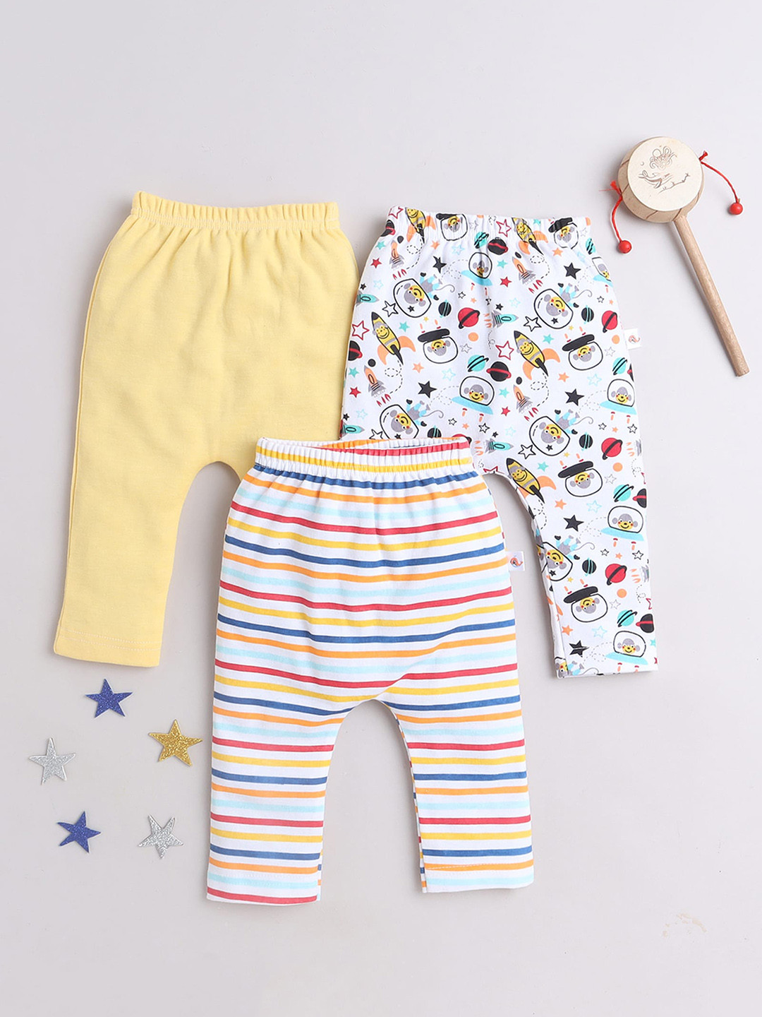 

BUMZEE Infant Boys Pack Of 3 Mid-Rise Printed Cotton Lounge Pants, White