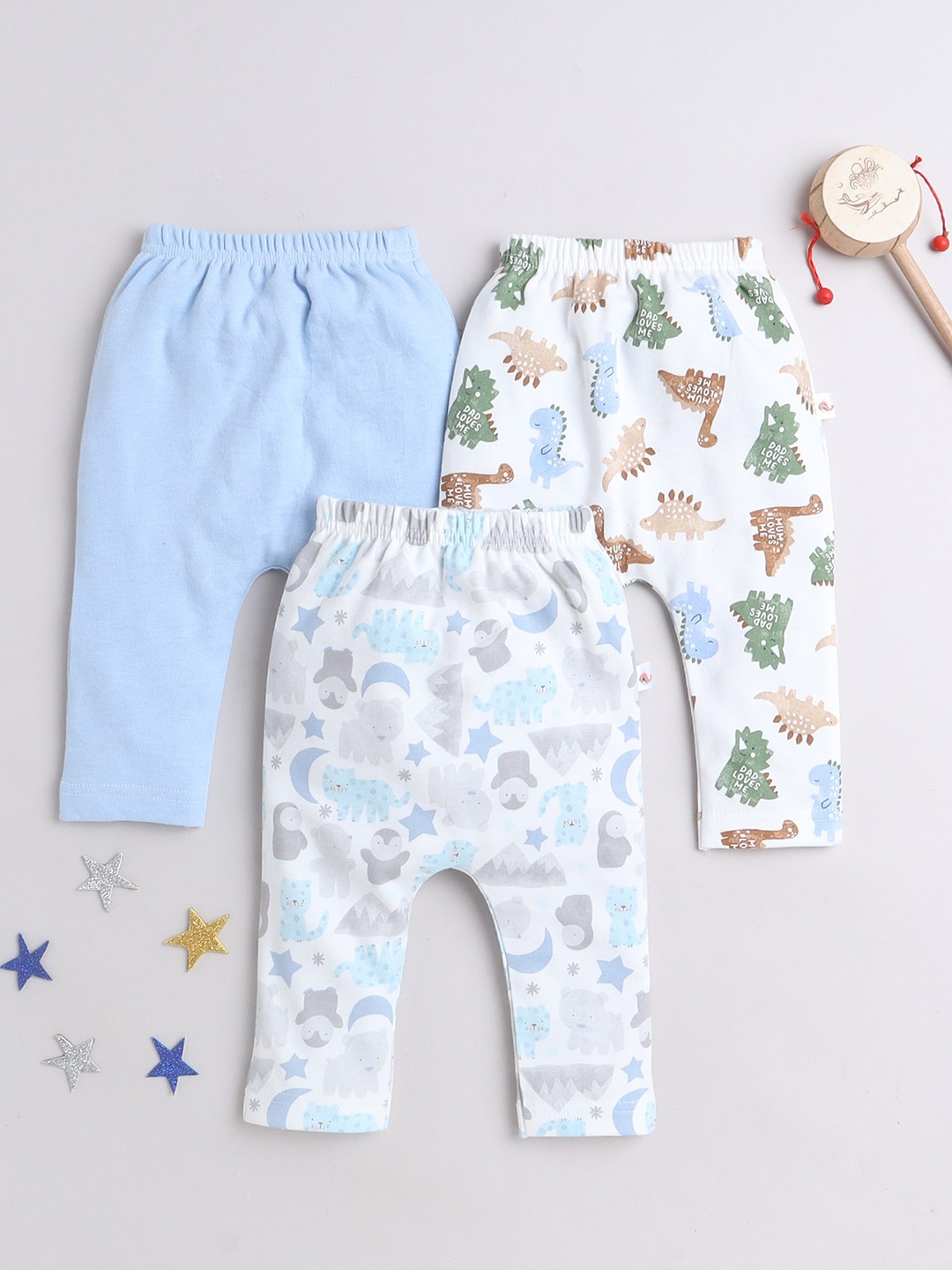 

BUMZEE Infant Boys Pack Of 3 Mid-Rise Printed Cotton Lounge Pants, Blue