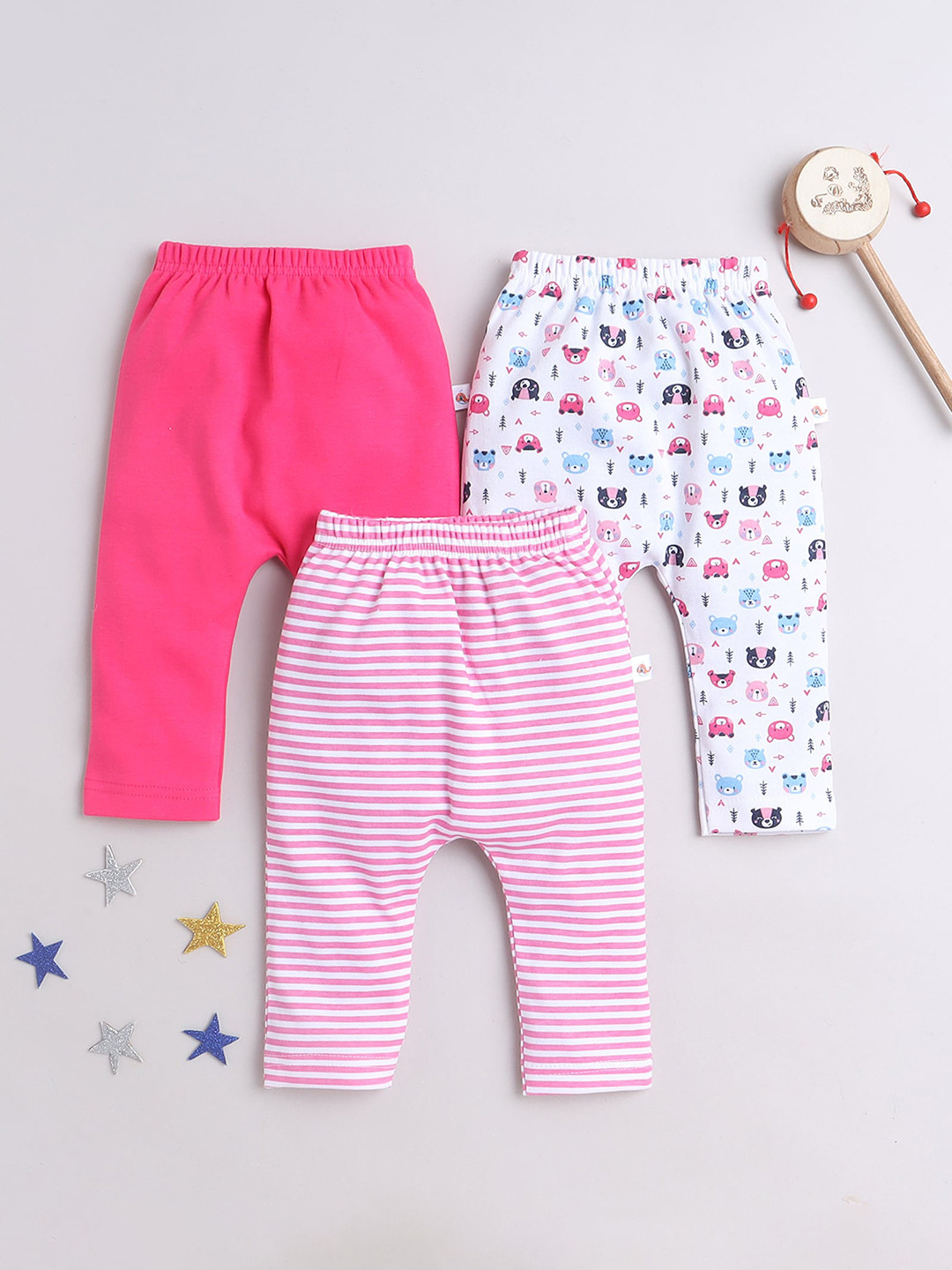 

BUMZEE Infant Girls Pack Of 3 Mid-Rise Printed Cotton Lounge Pants, Pink