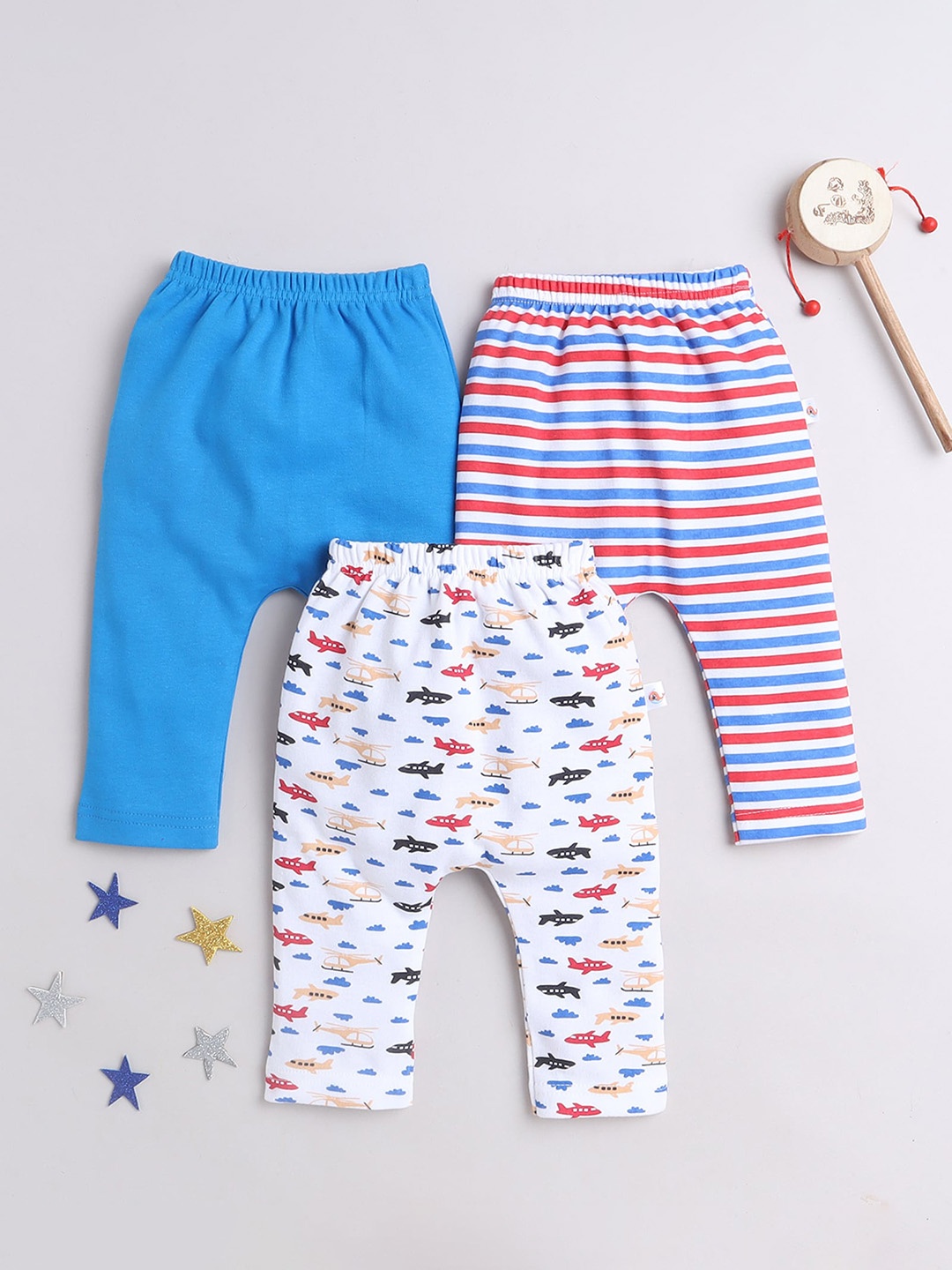 

BUMZEE Infant Boys Pack Of 3 Mid-Rise Printed Cotton Lounge Pants, Blue