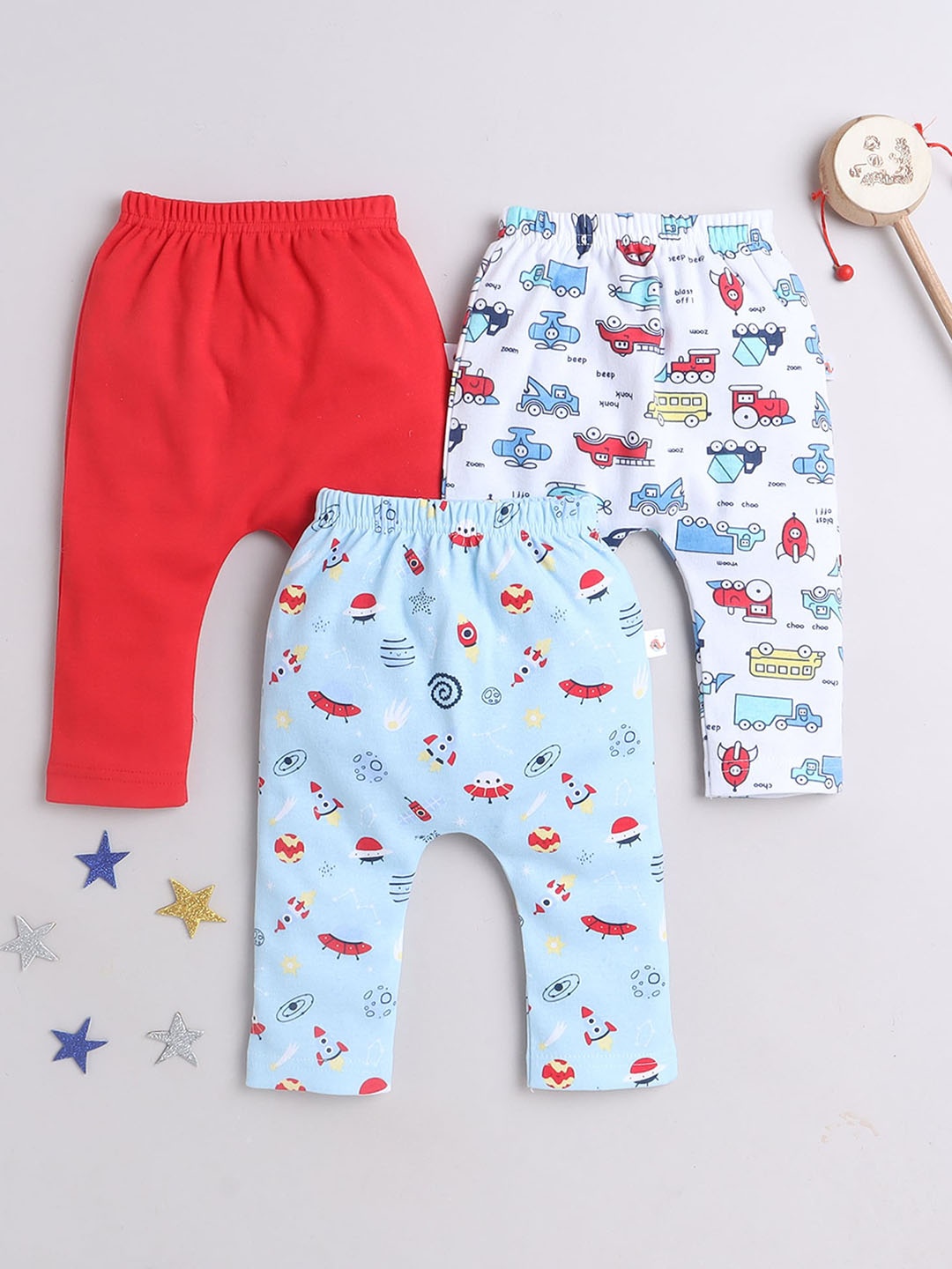

BUMZEE Infant Boys Pack Of 3 Mid-Rise Printed Cotton Lounge Pants, Red