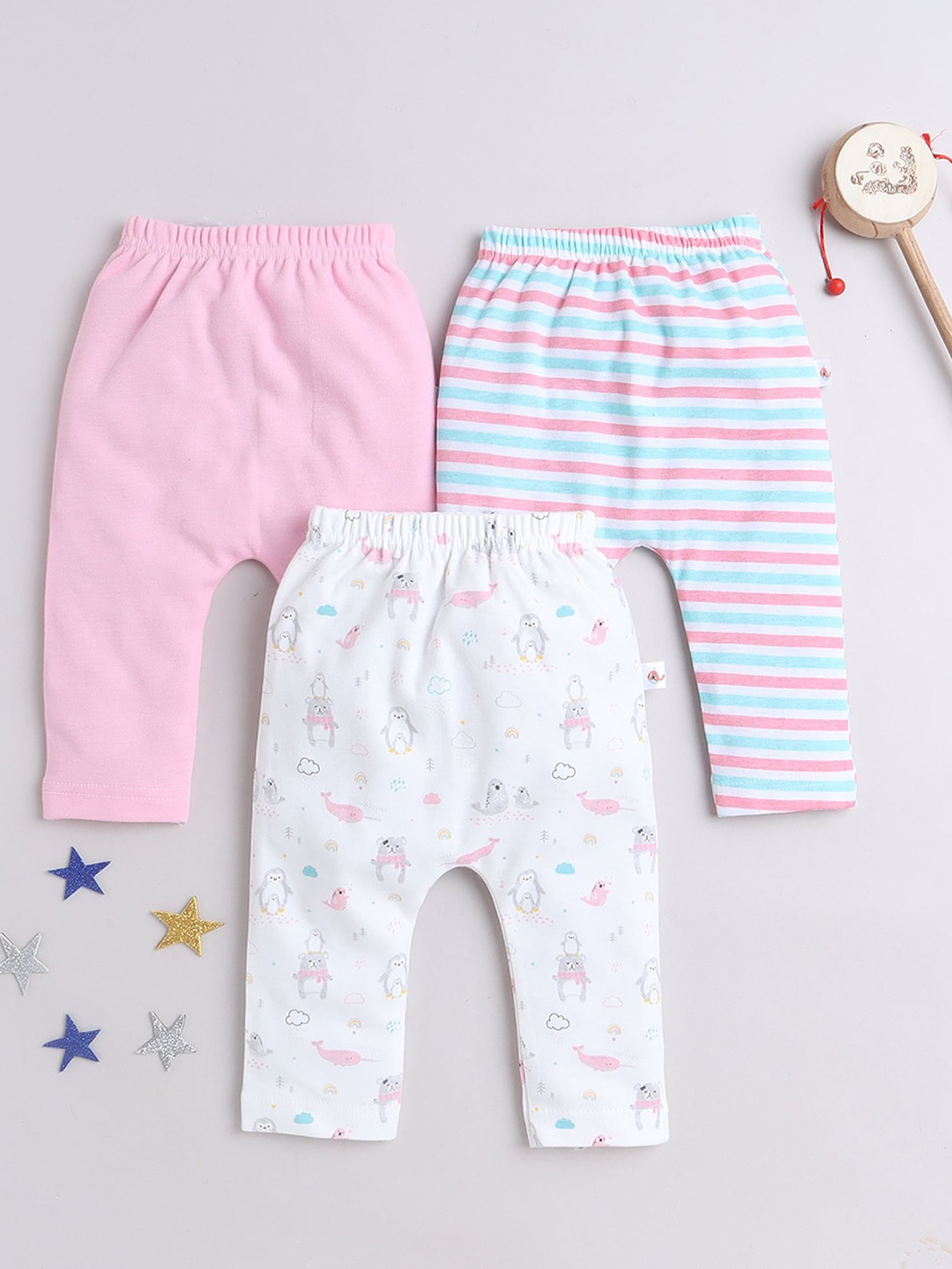 

BUMZEE Infant Girls Pack Of 3 Mid-Rise Printed Cotton Lounge Pants, Pink