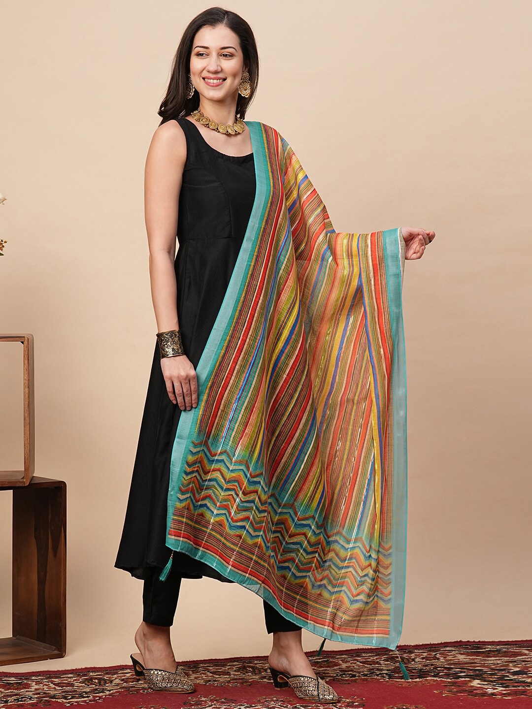 

Globus Blue Striped Cotton Silk Dupatta