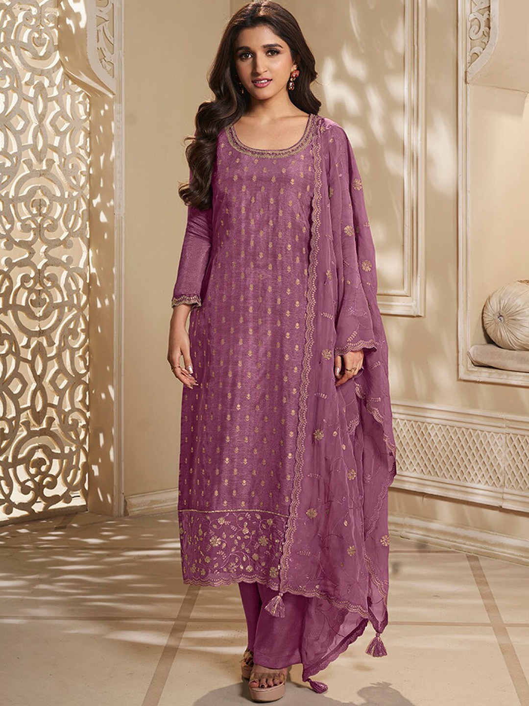 

Seerat Ethnic Motifs Woven Design Kurta With Trouser & Dupatta, Pink