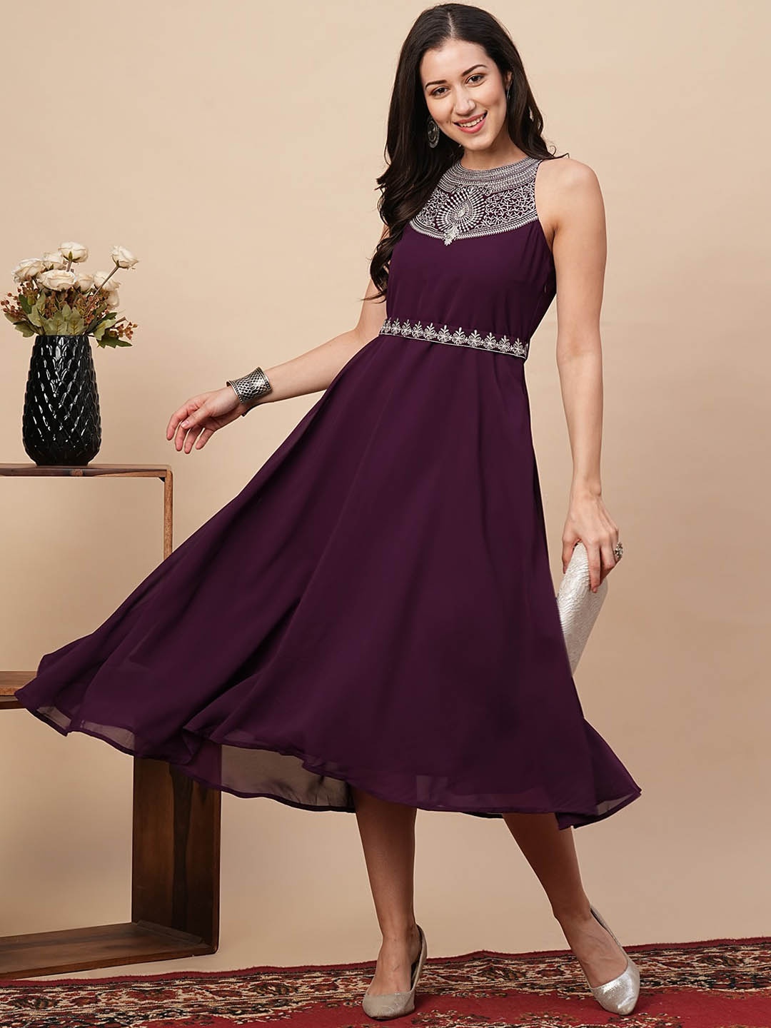 

Globus Ethnic Motifs Embroidered Fit & Flare Midi Ethnic Dress, Purple