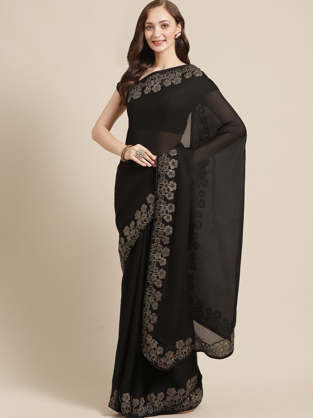 

KALINI Floral Woven Design Border Zari Saree, Black