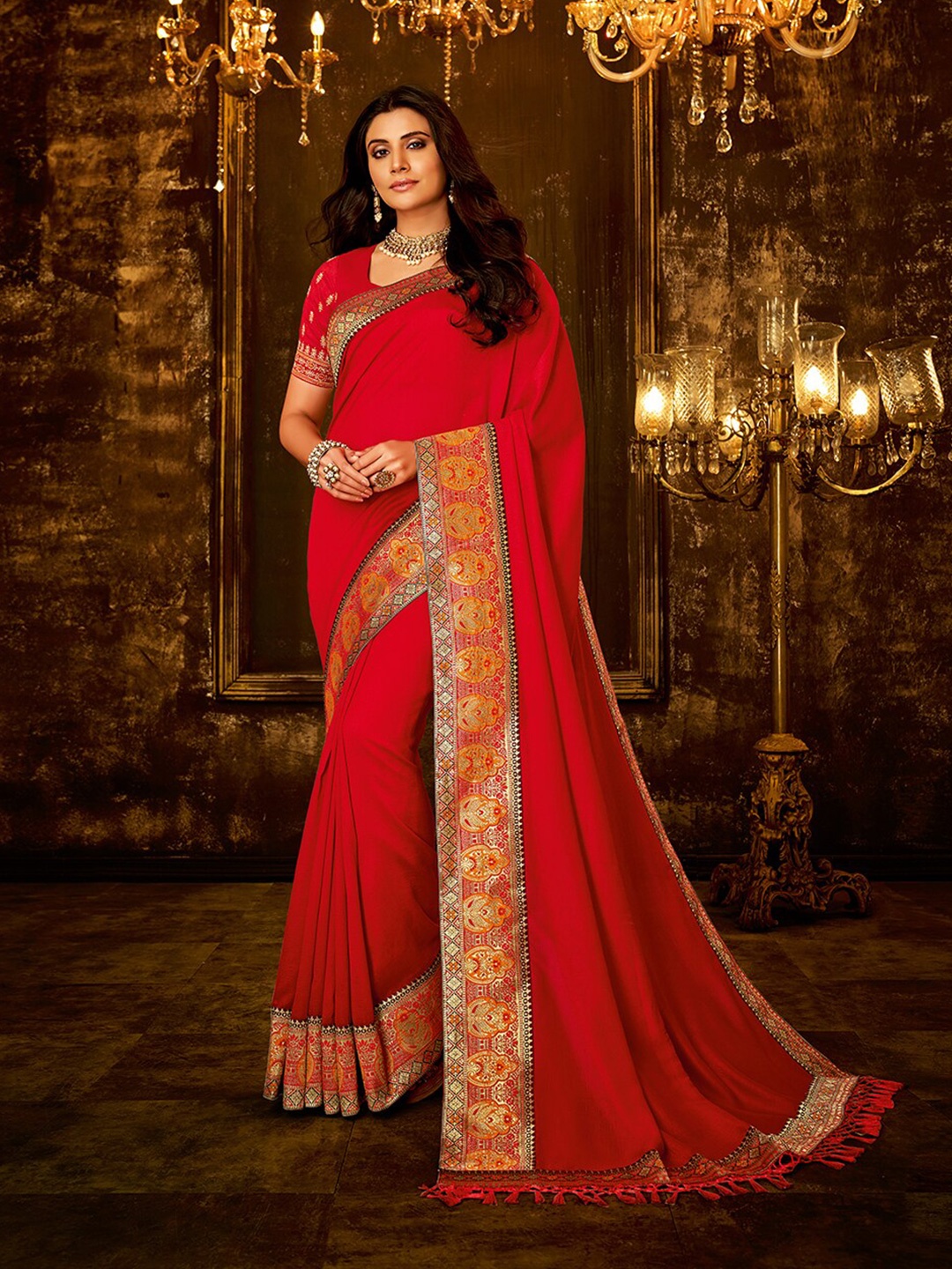 

KALINI Woven Design Border Zari Saree, Red